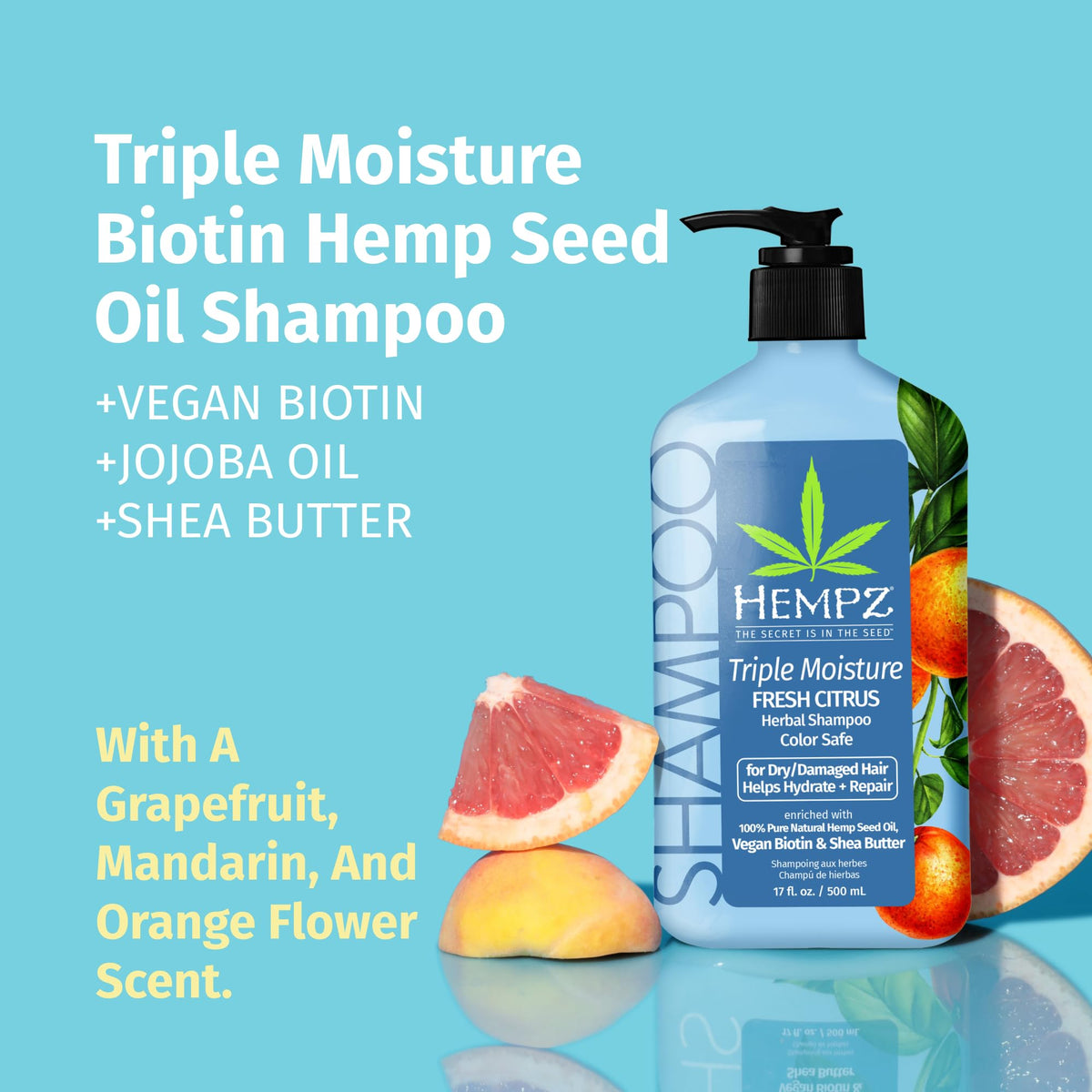 Hempz pump and label close-up highlighting ingredients and claims