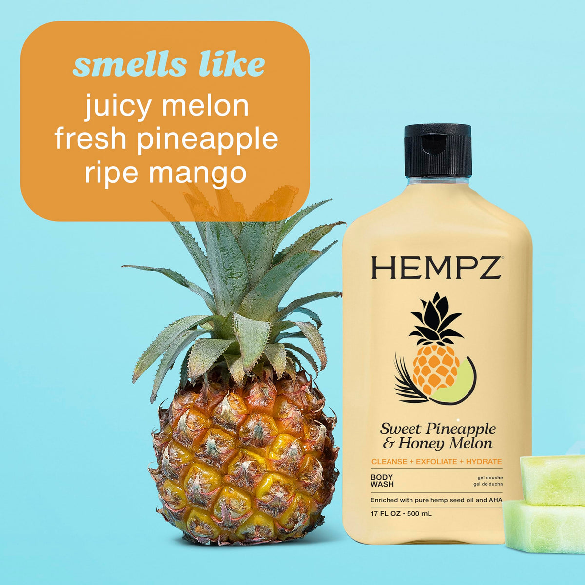 Hempz body wash in shower scene illustrating hydrated skin after use