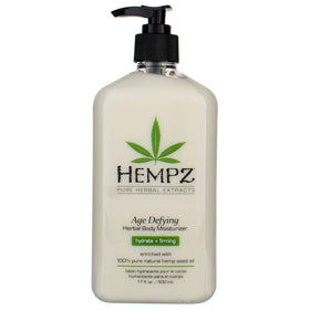 Hempz bottle next to hand for scale showing generous 17 ounce supply convenience