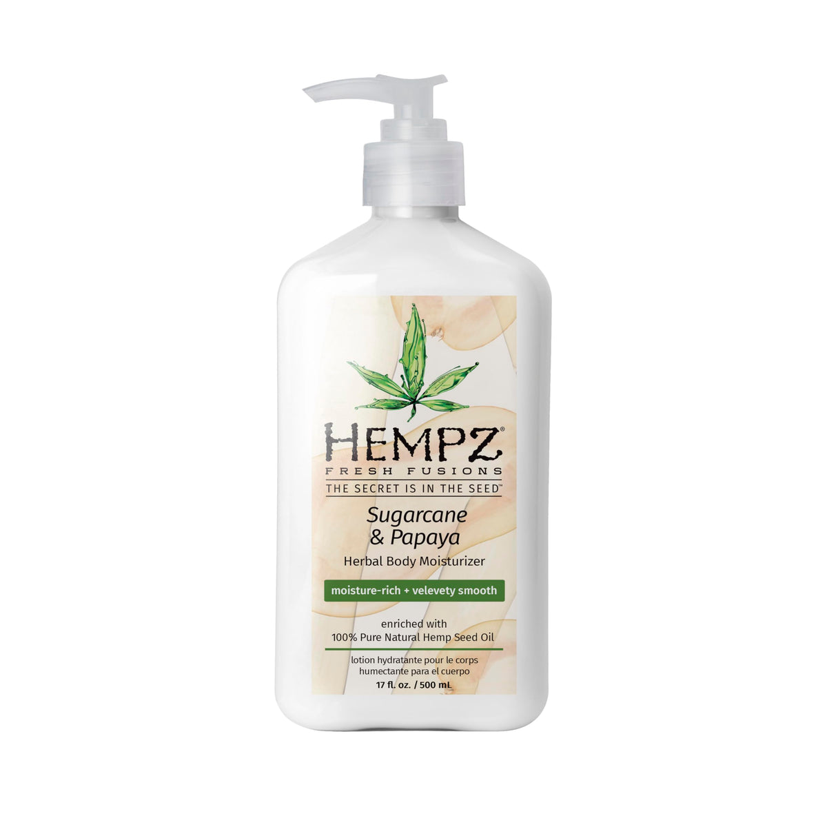 Hempz front packaging of sugarcane and papaya lotion showing size and branding benefit hydration