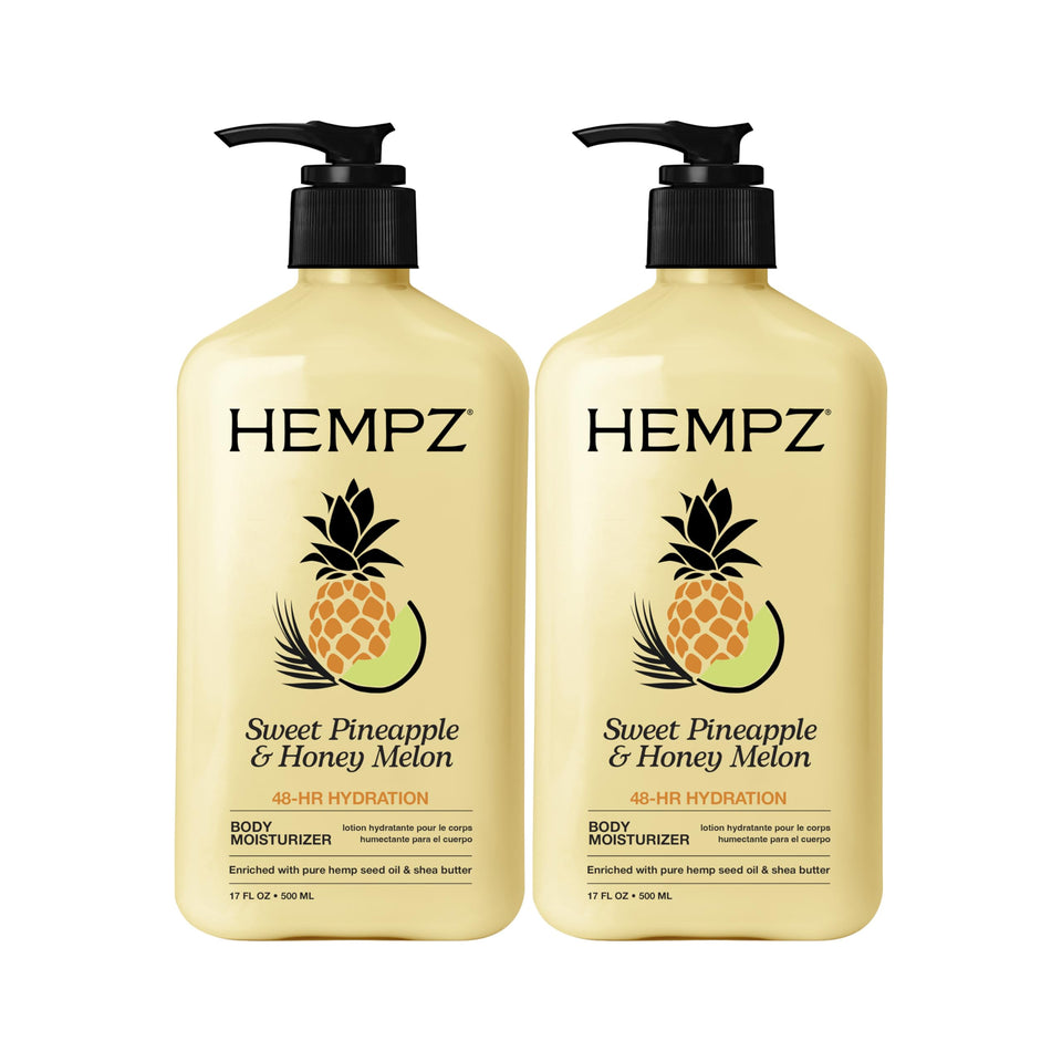 Hempz front packaging showing two 17 fl oz bottles and tropical scent benefit