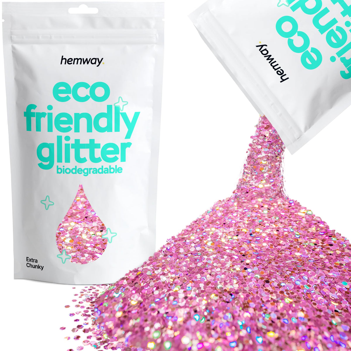 Hemway front pouch showing pink holographic glitter and eco packaging benefit