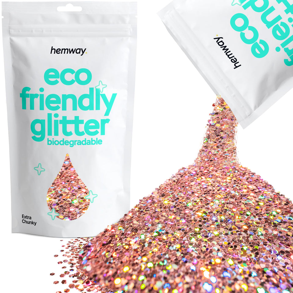 Hemway jar front showing rose gold holographic glitter and eco-friendly packaging benefit