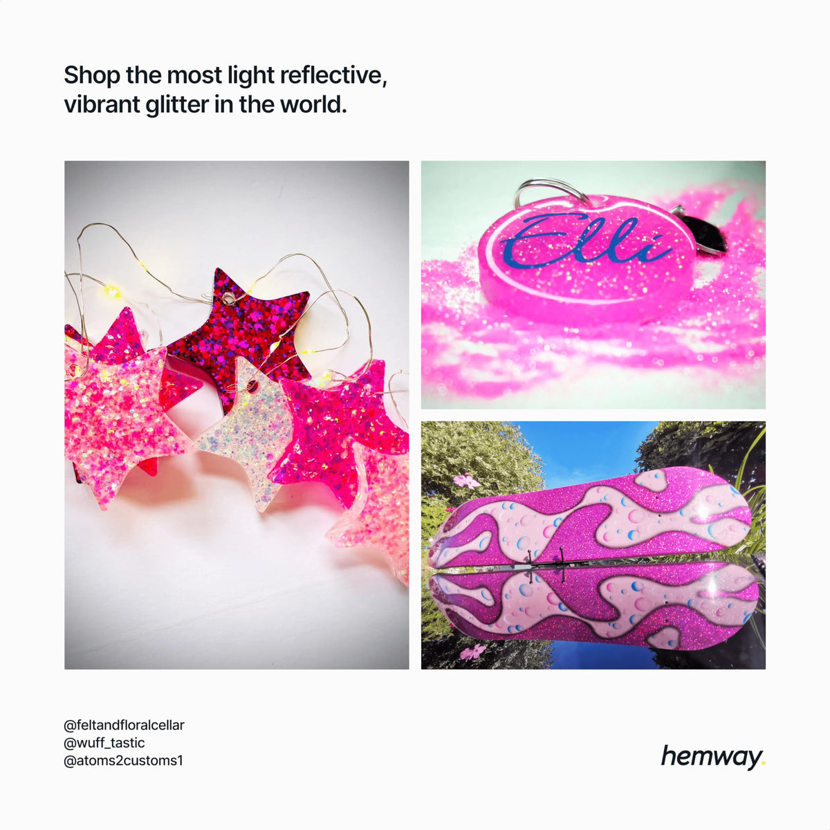 Hemway glitter mixed into resin craft demonstrating vibrant sparkle and durability