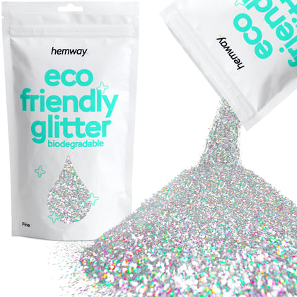 Hemway front packaging showing 100g biodegradable silver glitter and clear pouch benefit sustainable storage