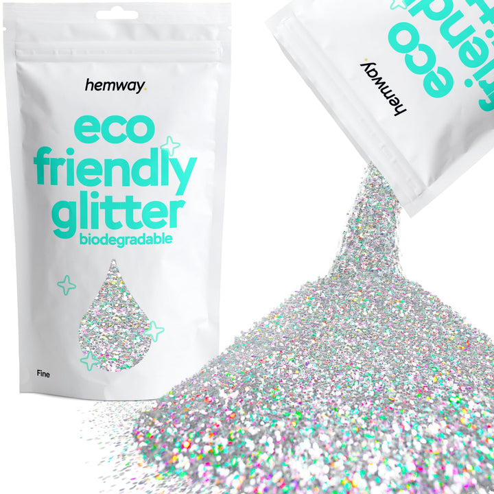 Hemway front packaging showing 100g biodegradable silver glitter and clear pouch benefit sustainable storage