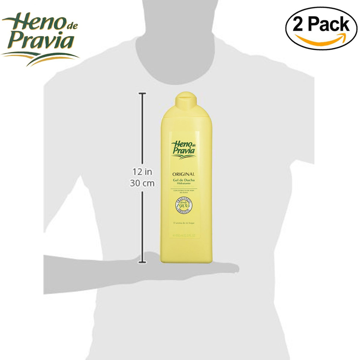 Heno de Pravia bottle on shower shelf staged for everyday use and easy reach