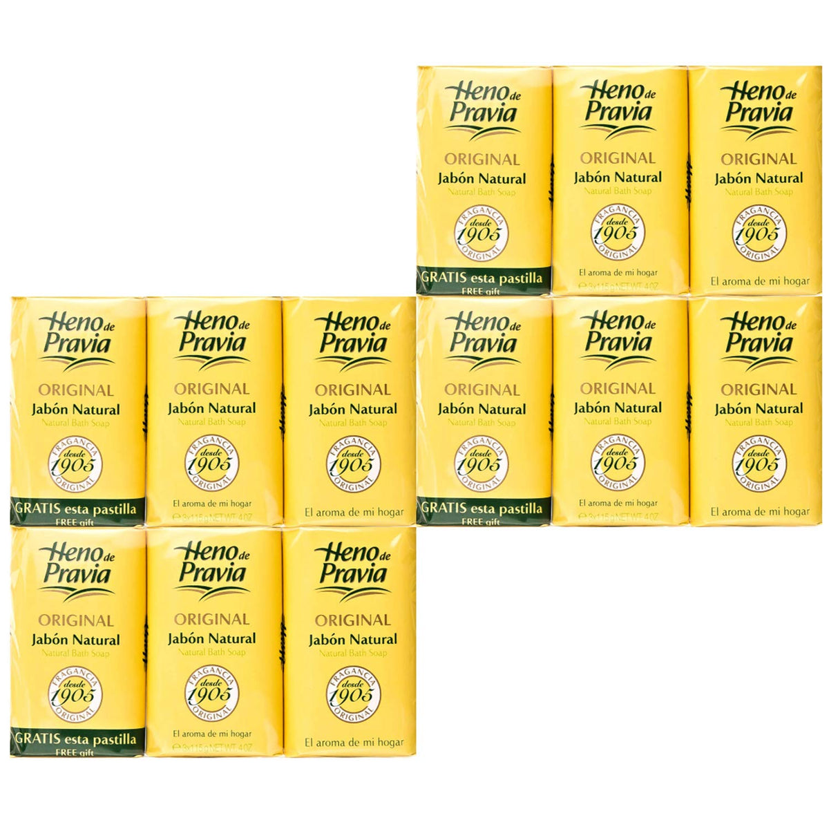 Heno de Pravia front packaging showing the 12-soap value pack and branding benefit