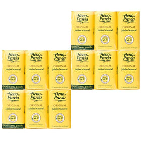 Heno de Pravia front packaging showing the 12-soap value pack and branding benefit
