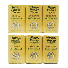 Heno de Pravia front packaging showing six large bars and classic branding, evokes freshness