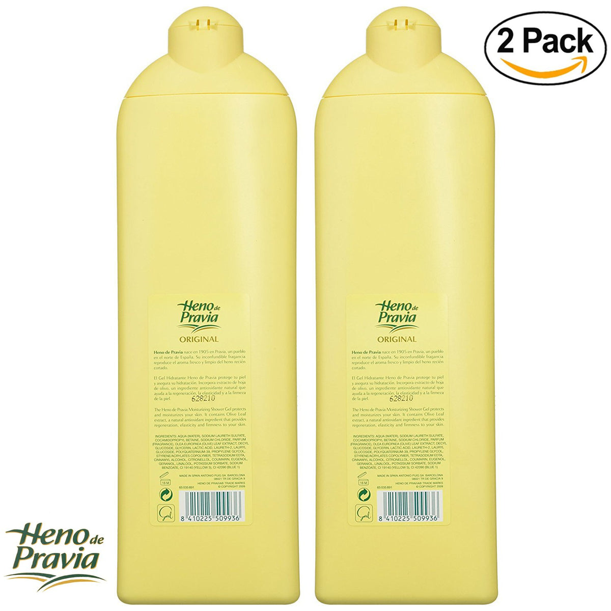 Heno de Pravia pouring gel into hand with creamy foam demonstrating gentle lather