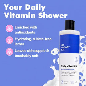 Her Fantasy Box bottle placed in a shower to show practical in-shower use and quick rinse-off