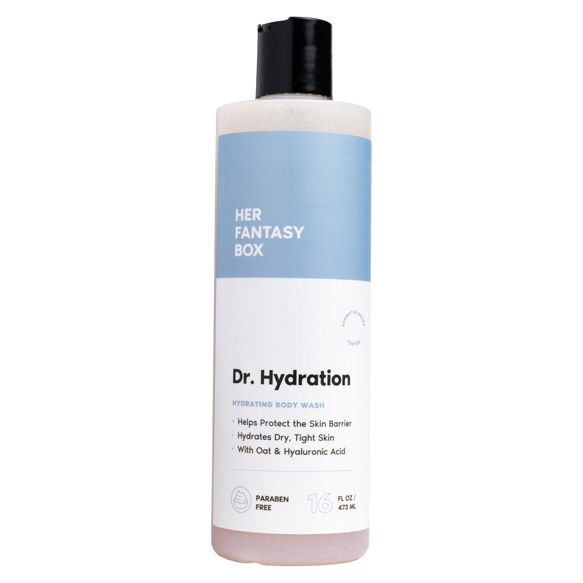 Her Fantasy Box front bottle showing pump and label with hydration benefits