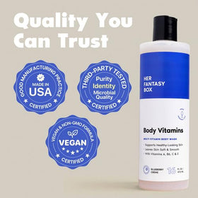 Her Fantasy Box ingredient panel highlighting vitamins A B6 C E and gentle formulation benefits