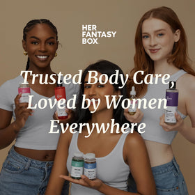 Her Fantasy Box botanical ingredients flatlay showing aloe and cucumber for soothing benefits