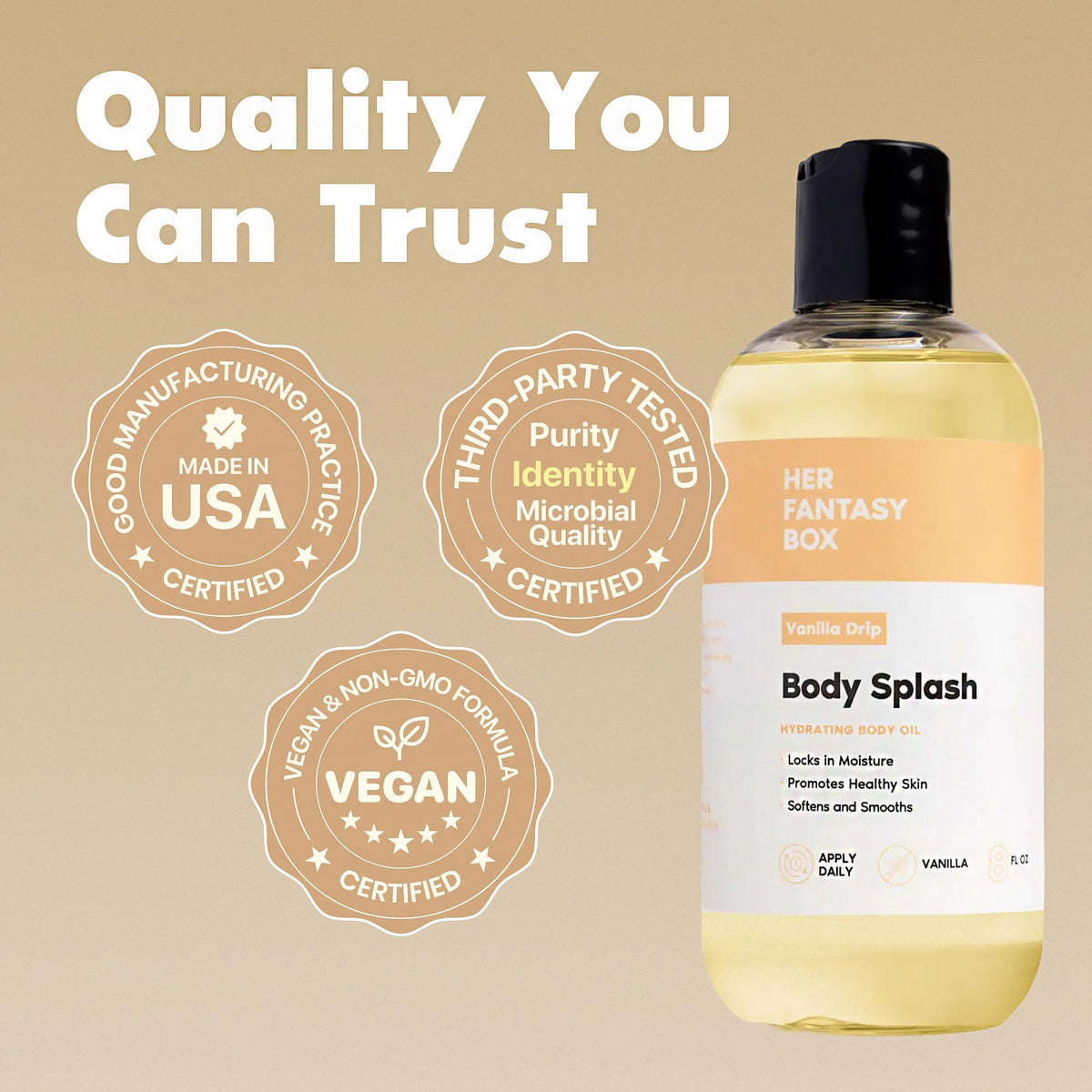 Her Fantasy Box oil droplet closeup showing smooth finish and skin nourishment
