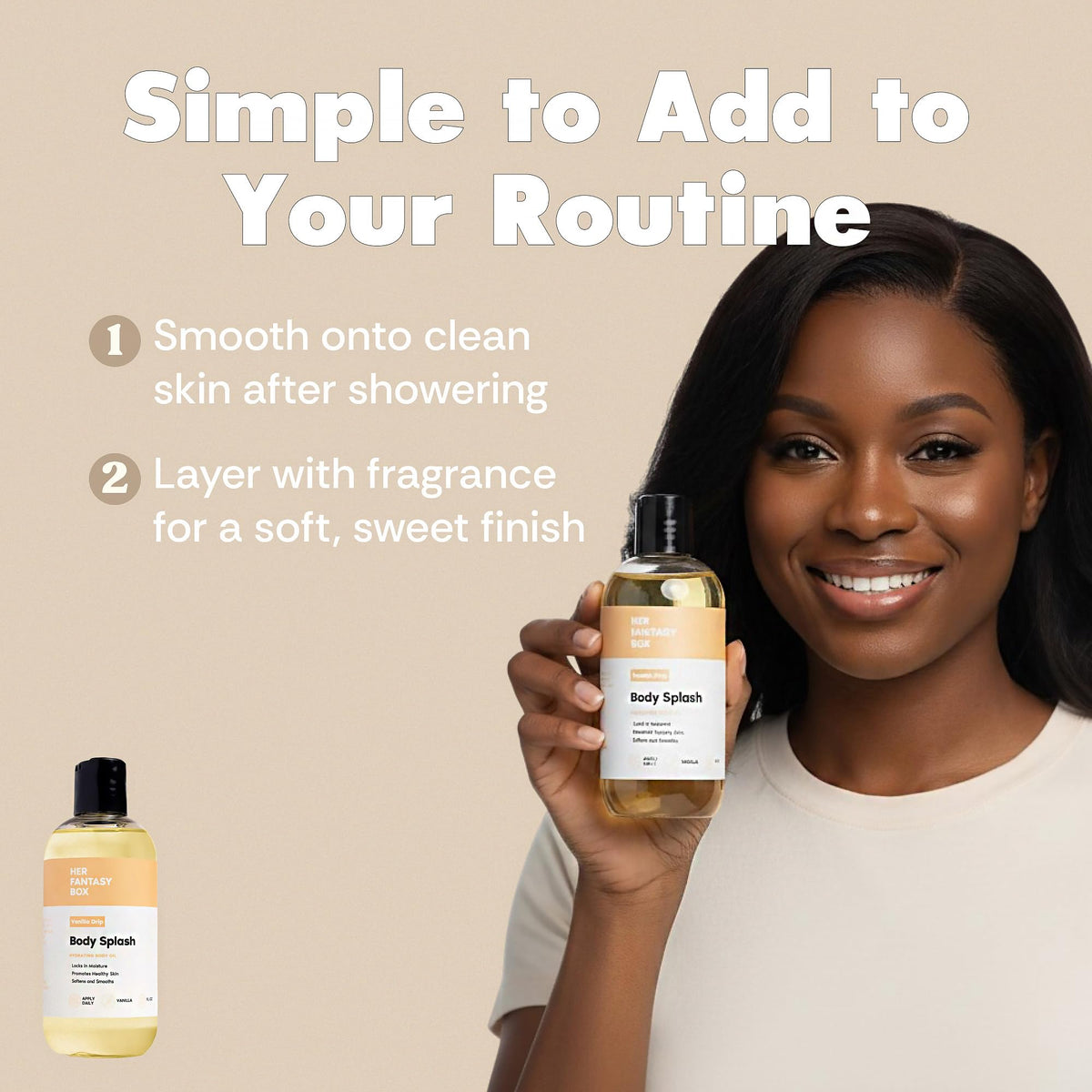 Her Fantasy Box bottle staged on dressing table for lifestyle self-care mood