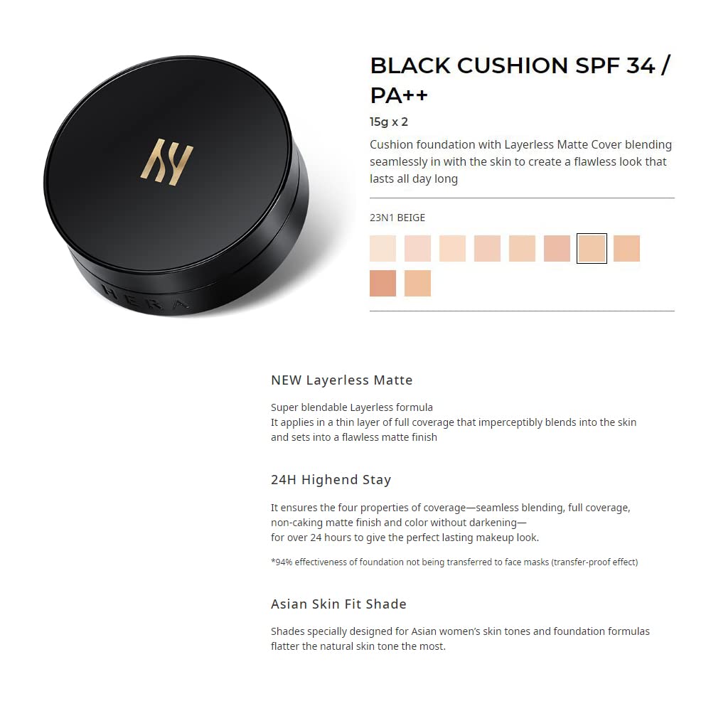 HERA black cushion applied in mirror lifestyle scene showing seamless matte finish