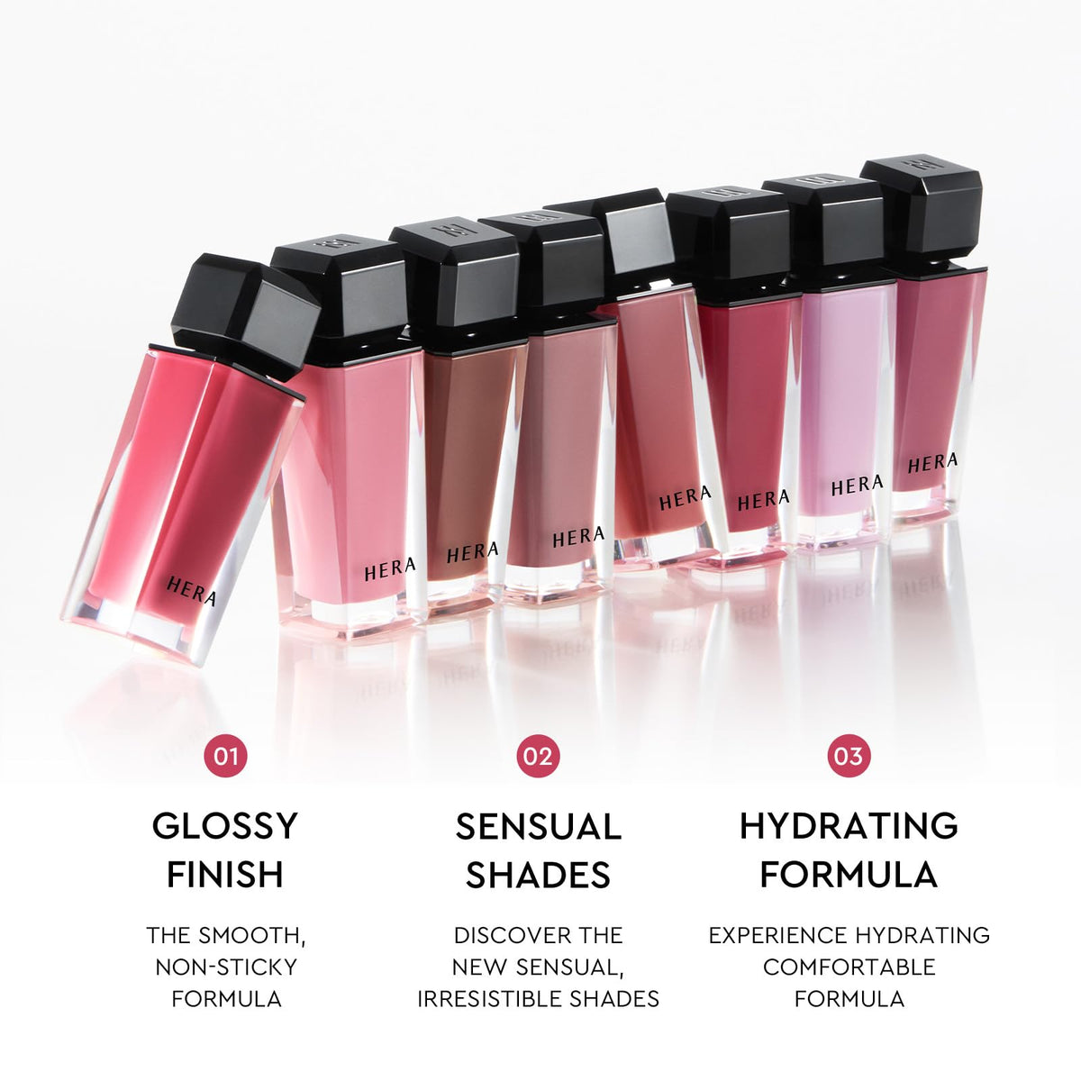 HERA on lips model demonstrating shine and subtle nude color for everyday wear