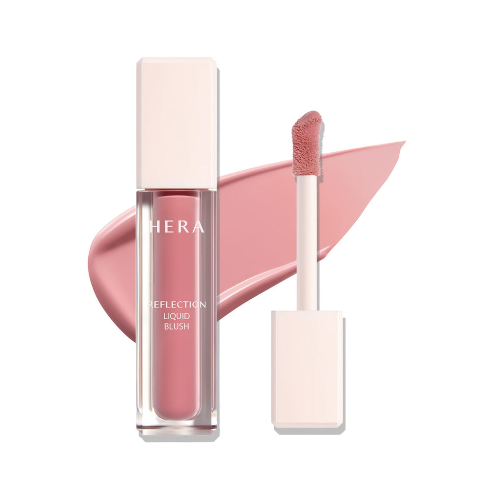 HERA front packaging of liquid blush showing compact glass bottle and label benefits