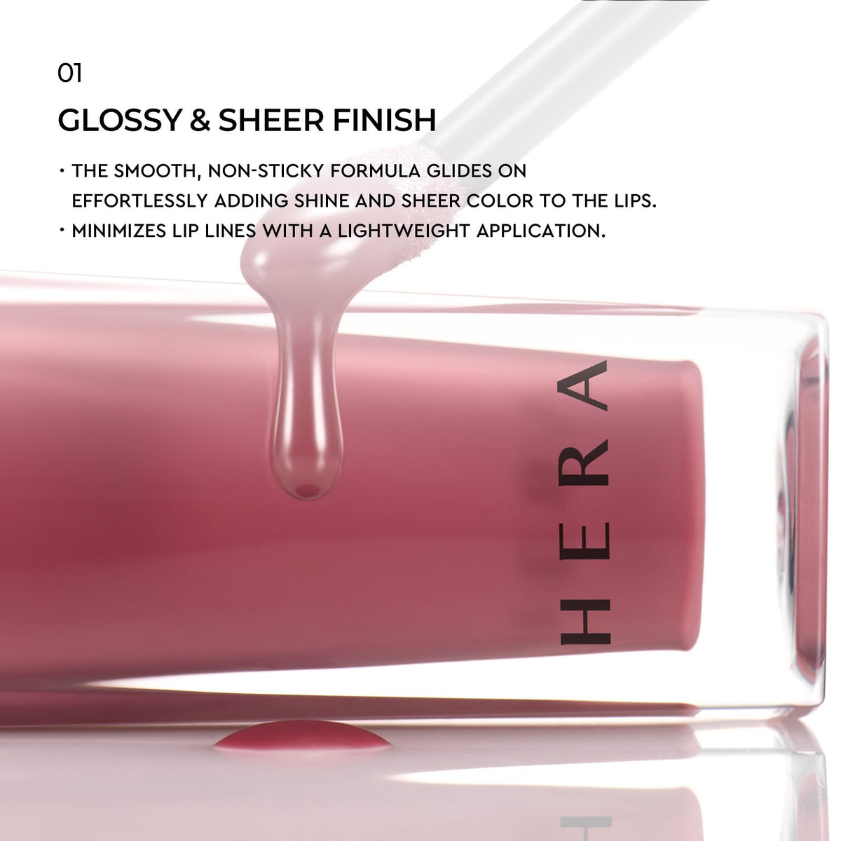 HERA gloss on model lips presenting volumizing shine, enhances natural lips