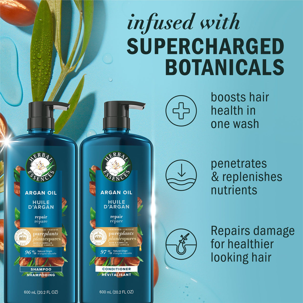 Herbal Essences argan oil droplet highlighting nourishing botanical benefit