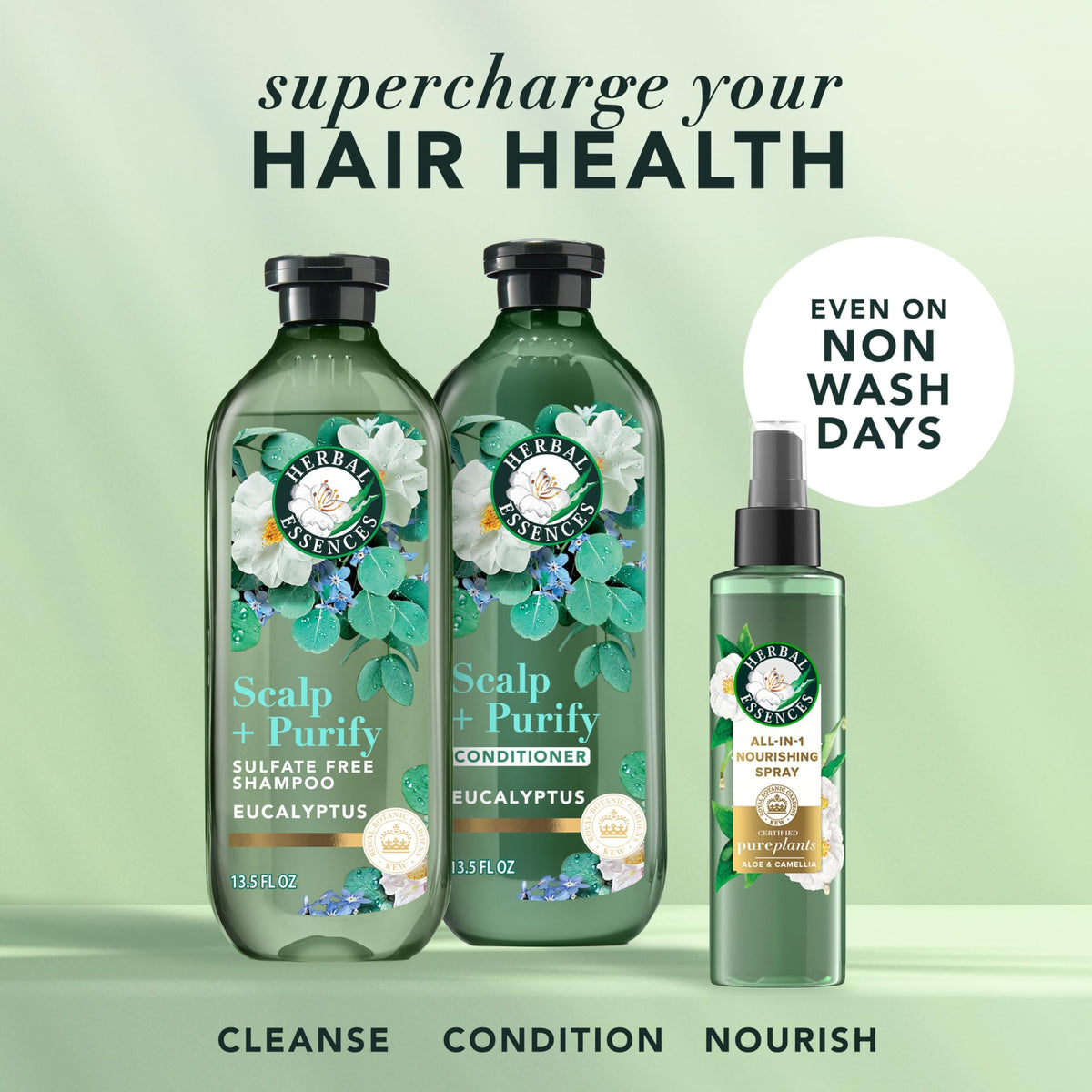 Herbal Essences bottles on bathroom shelf presenting daily refresh routine