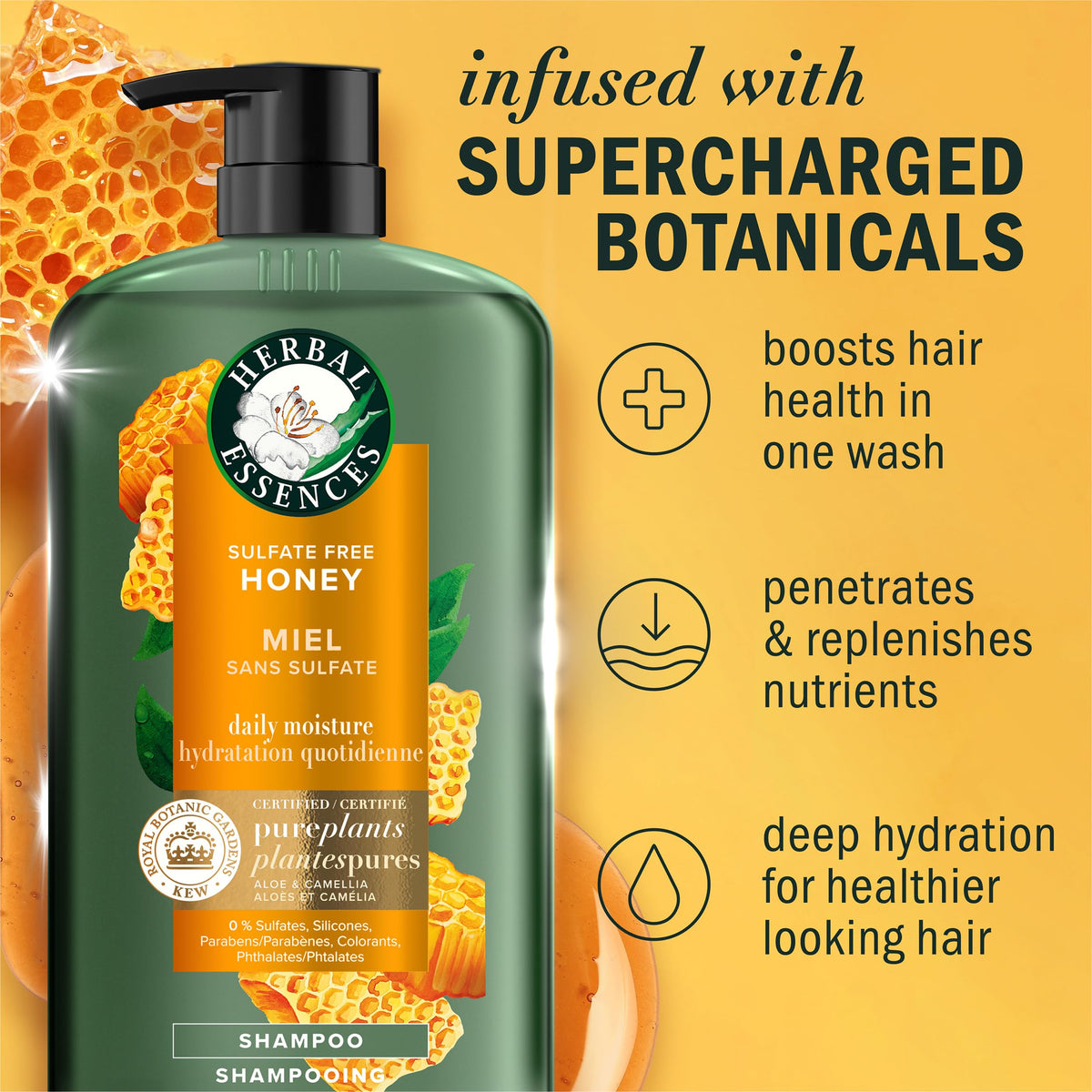 Herbal Essences shampoo poured to show silky texture for lightweight moisture
