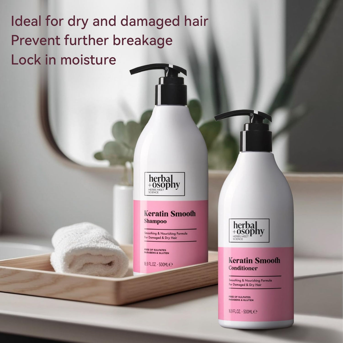 Herbalosophy on bathroom shelf indicating everyday salon-quality care