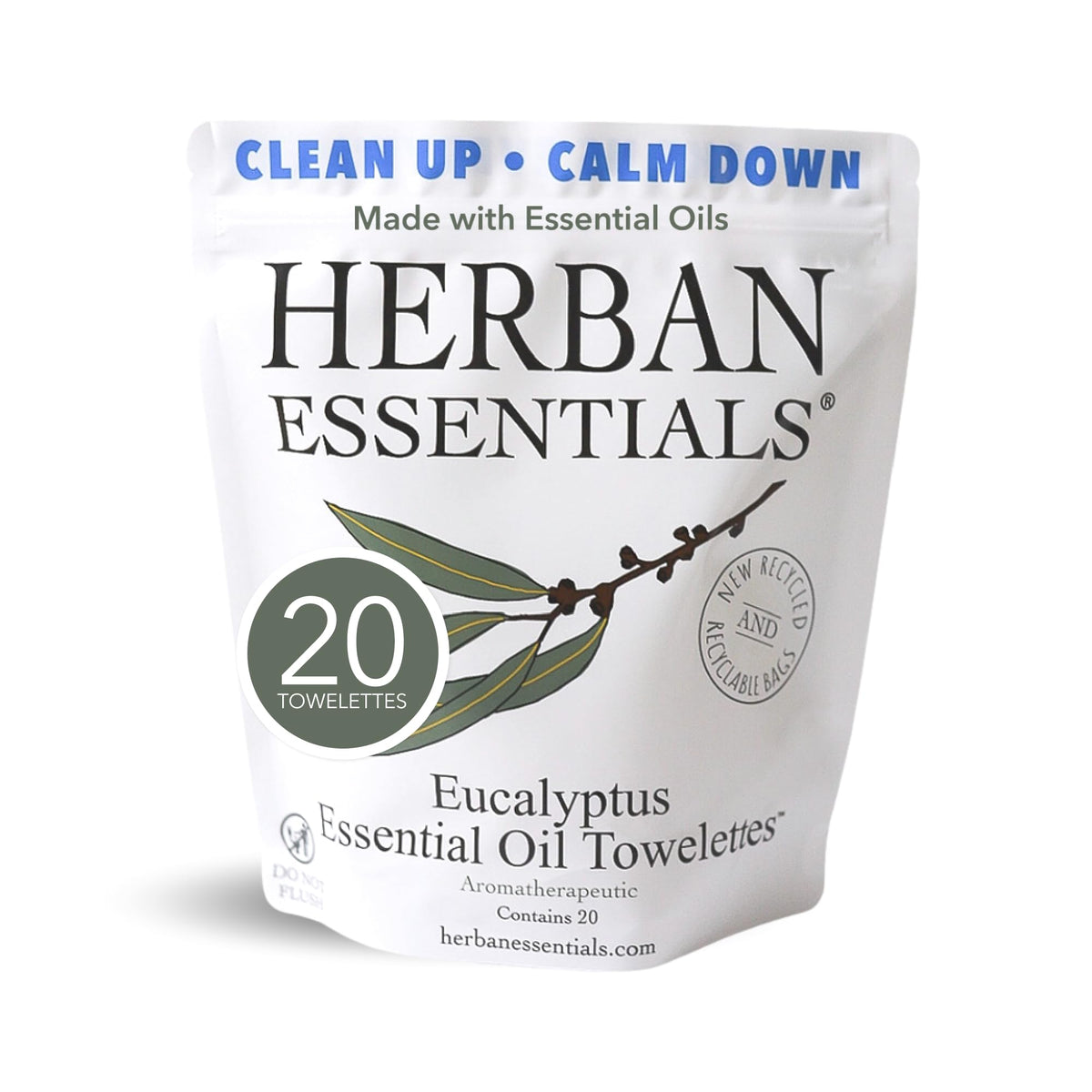 Herban Essentials front packaging showing eucalyptus scent and travel size benefit