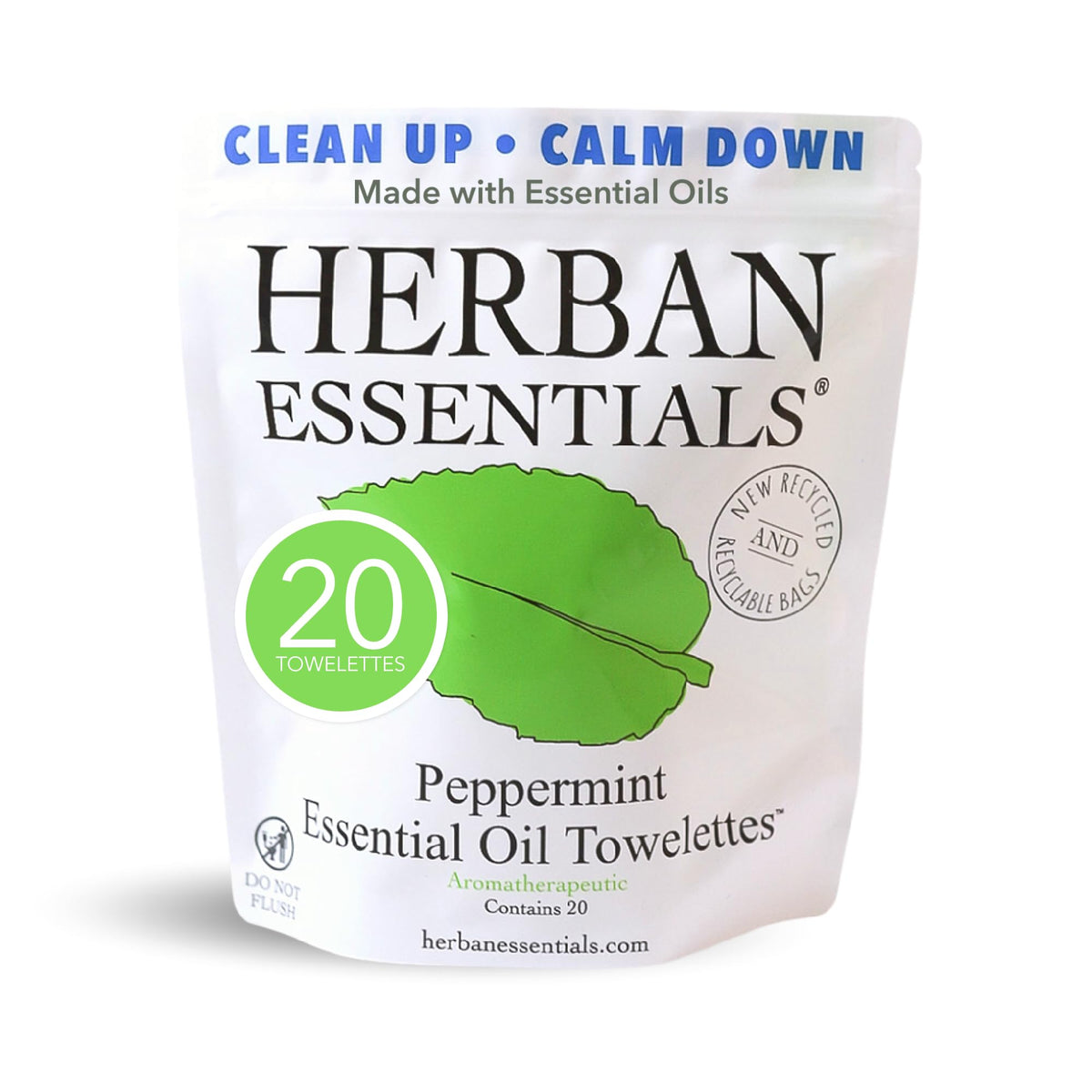 Herban Essentials front packaging showing 20-count peppermint wipes for travel freshness