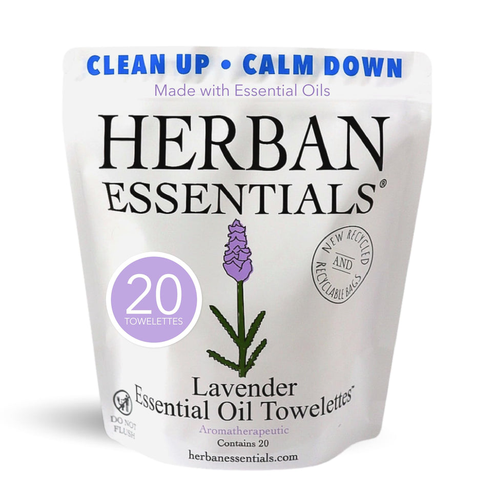 Herban Essentials front packaging showing 20-count travel wipes and lavender benefit