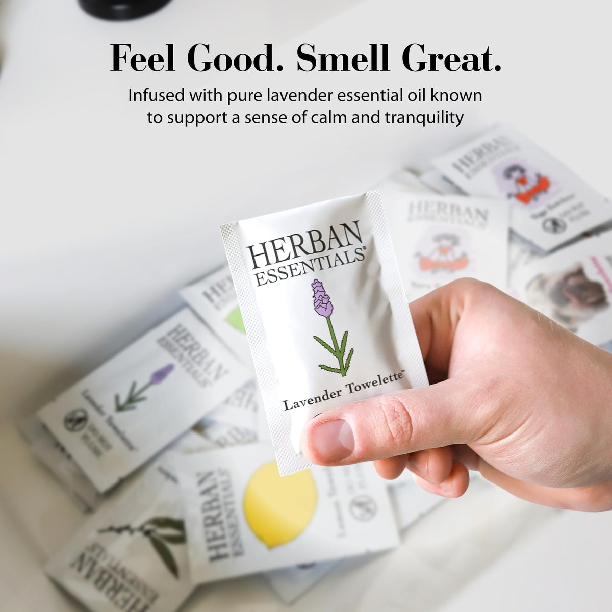 Herban Essentials ingredients label showing lavender essential oil and natural benefit