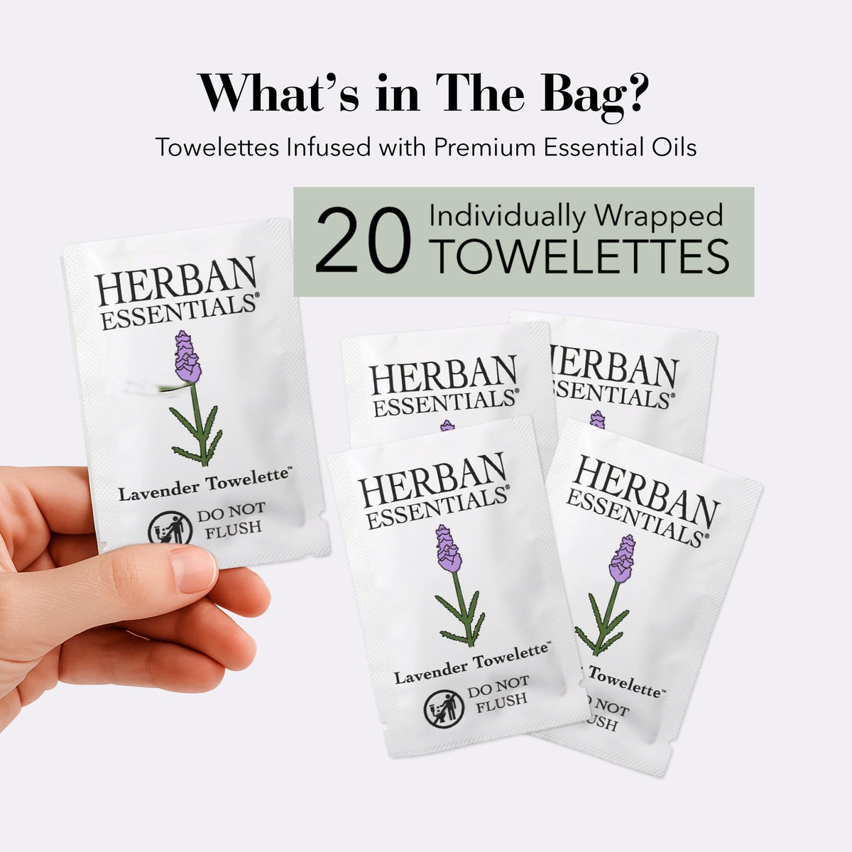 Herban Essentials single lavender wipe unfolded showing size and easy use benefit