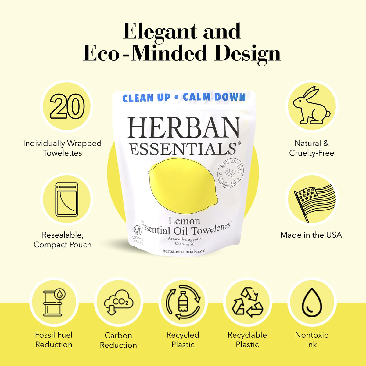Herban Essentials single unwrapped lemon wipe ready to freshen skin quickly