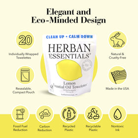 Herban Essentials single unwrapped lemon wipe ready to freshen skin quickly