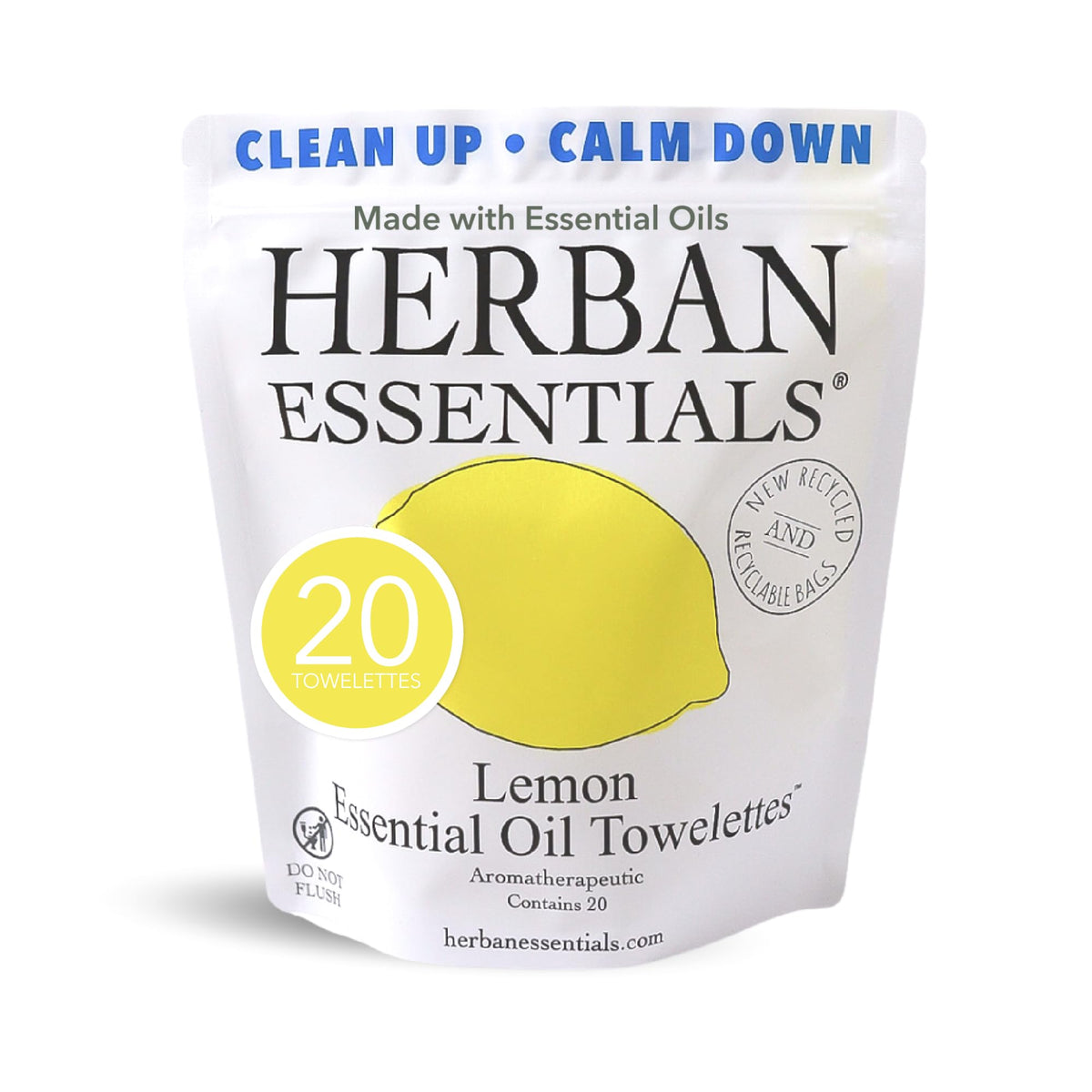 Herban Essentials front packaging showing lemon wipes and travel convenience