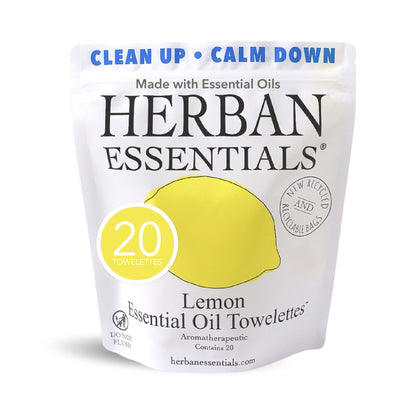 Herban Essentials front packaging showing lemon wipes and travel convenience