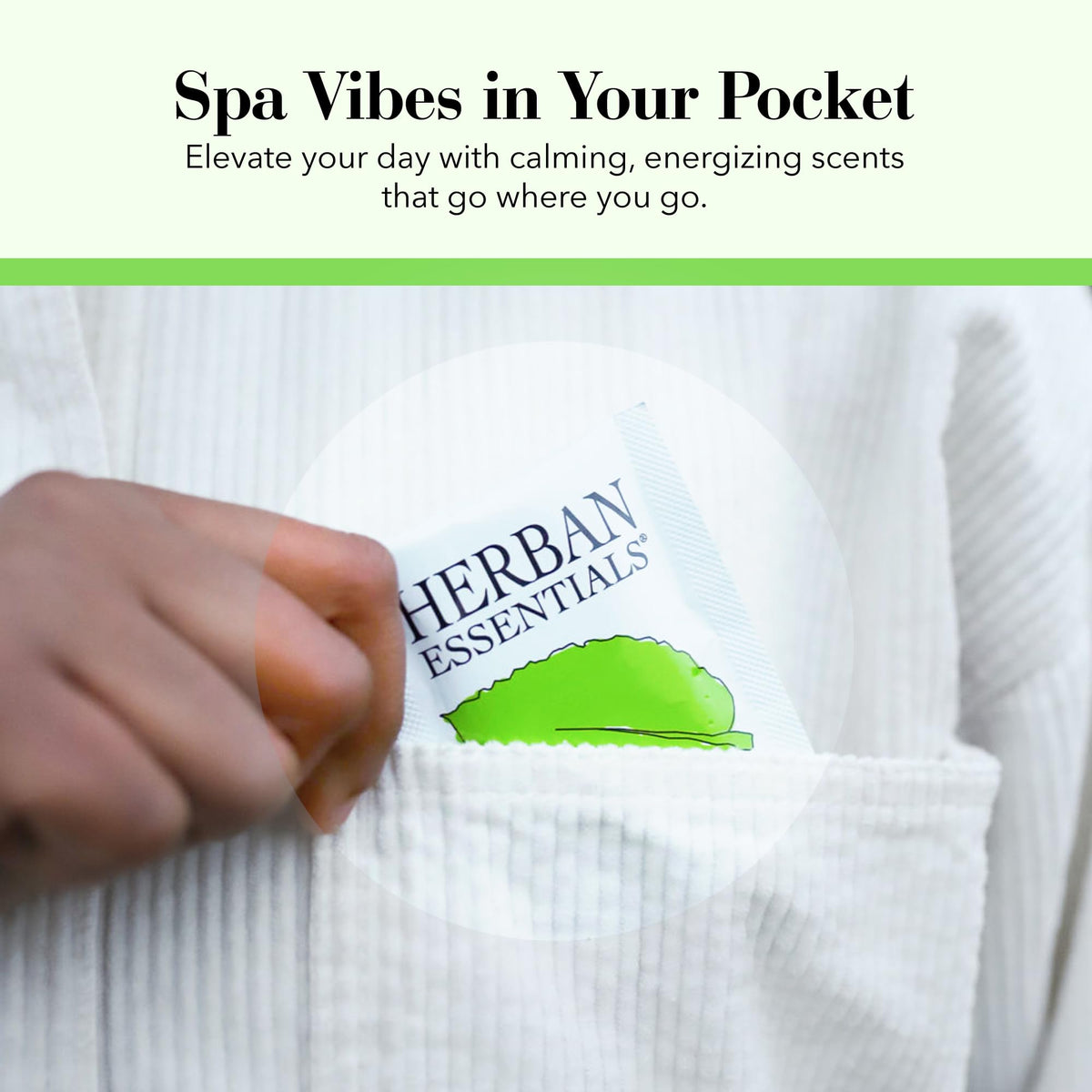 Herban Essentials wipes beside travel bag illustrating portable refreshment during trips