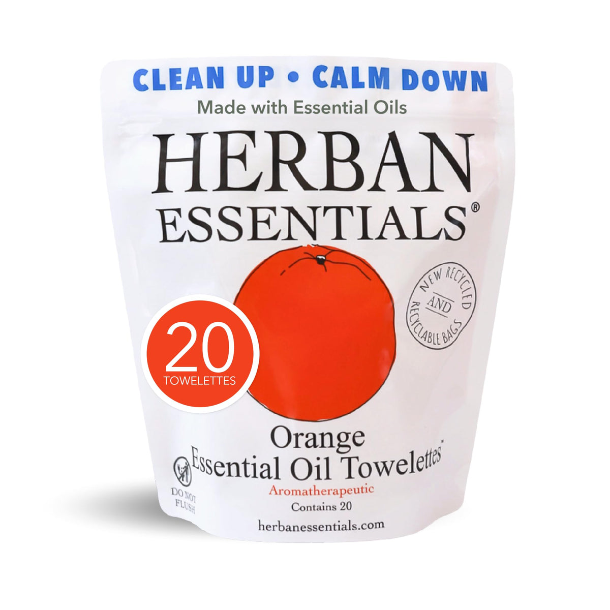 Herban Essentials pack front showing orange towelette branding and quantity benefits