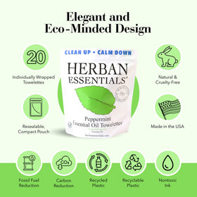Herban Essentials single unwrapped wipe displaying moist formula and cooling peppermint aroma