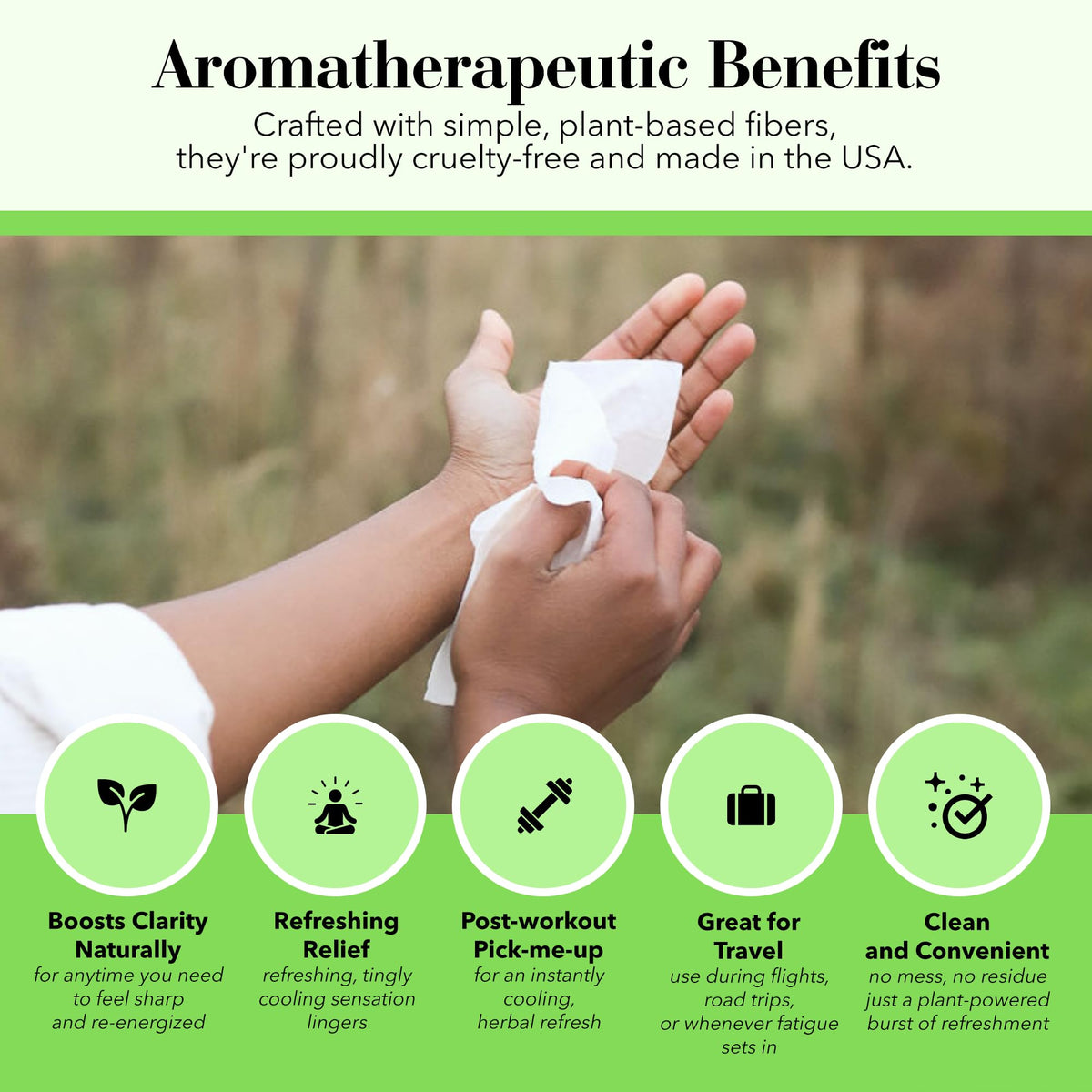 Herban Essentials wipe in hand demonstrating quick clean and gentle skin feel