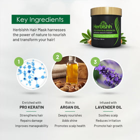 Herbishh argan oil bottle beside mask highlighting natural hydration