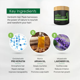 Herbishh argan oil and keratin ingredients flatlay highlighting nourishing benefits