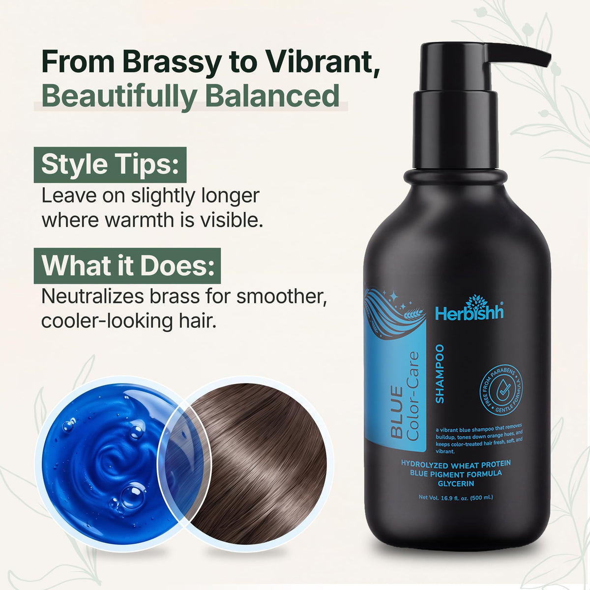 Herbishh bottle beside highlighted hair showing tone-correction scale