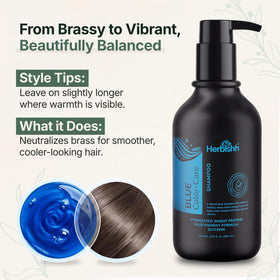 Herbishh bottle beside highlighted hair showing tone-correction scale