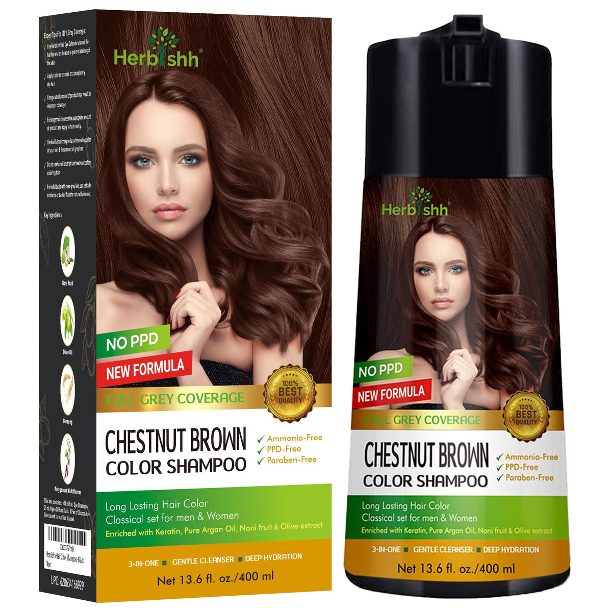 Herbishh bottle front view showing chestnut brown shade and benefits