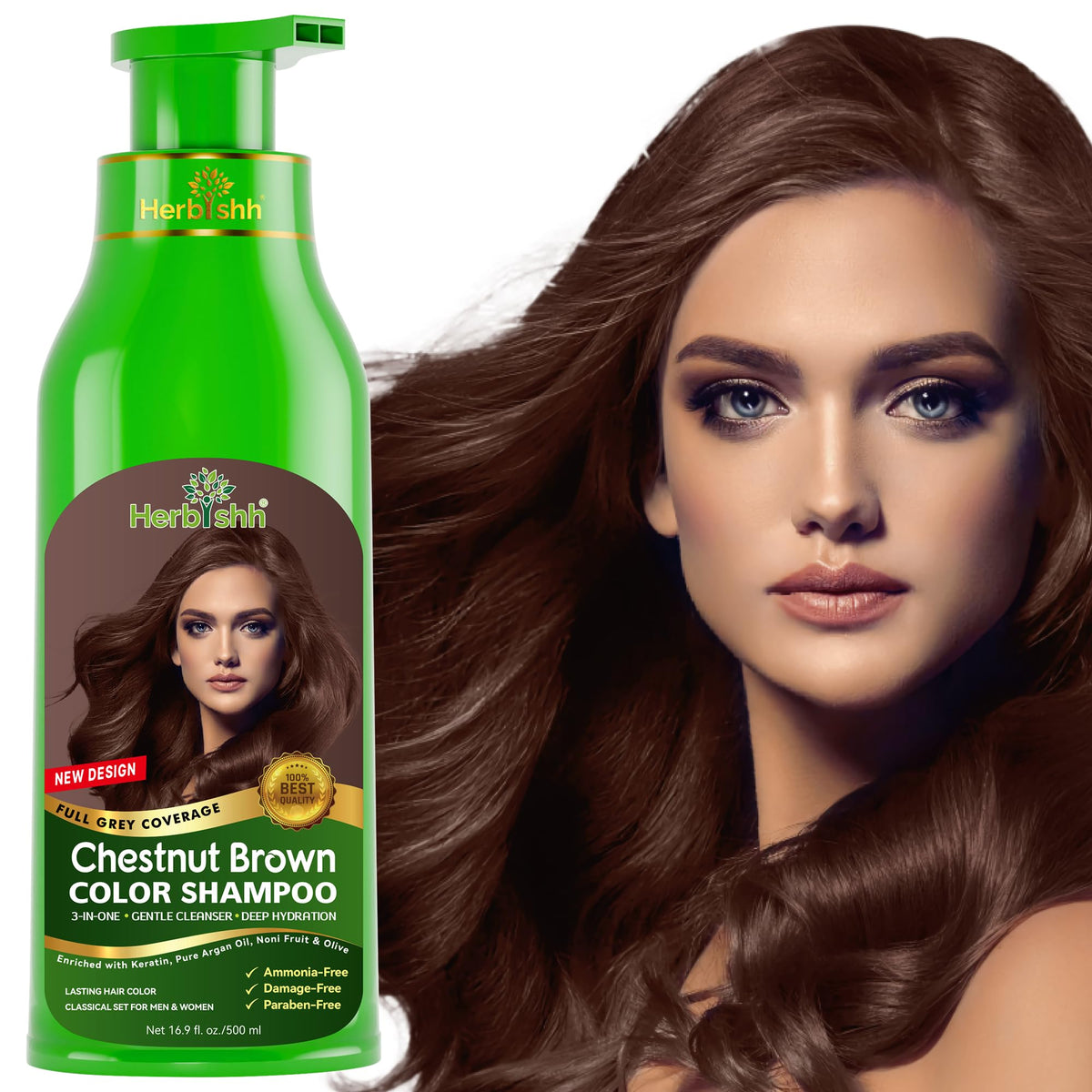 Herbishh bottle front packaging showing chestnut brown shampoo benefits