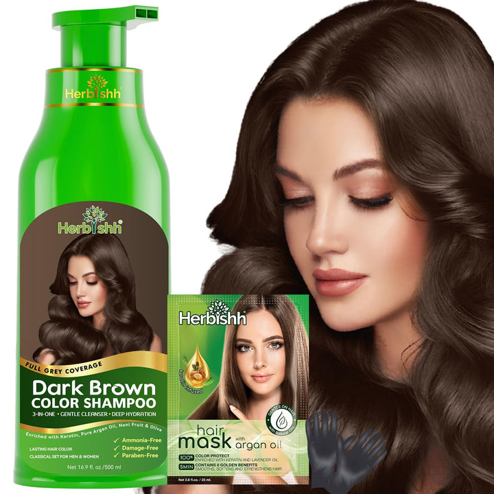 Herbishh bottle front packaging shows dark brown shade and benefits
