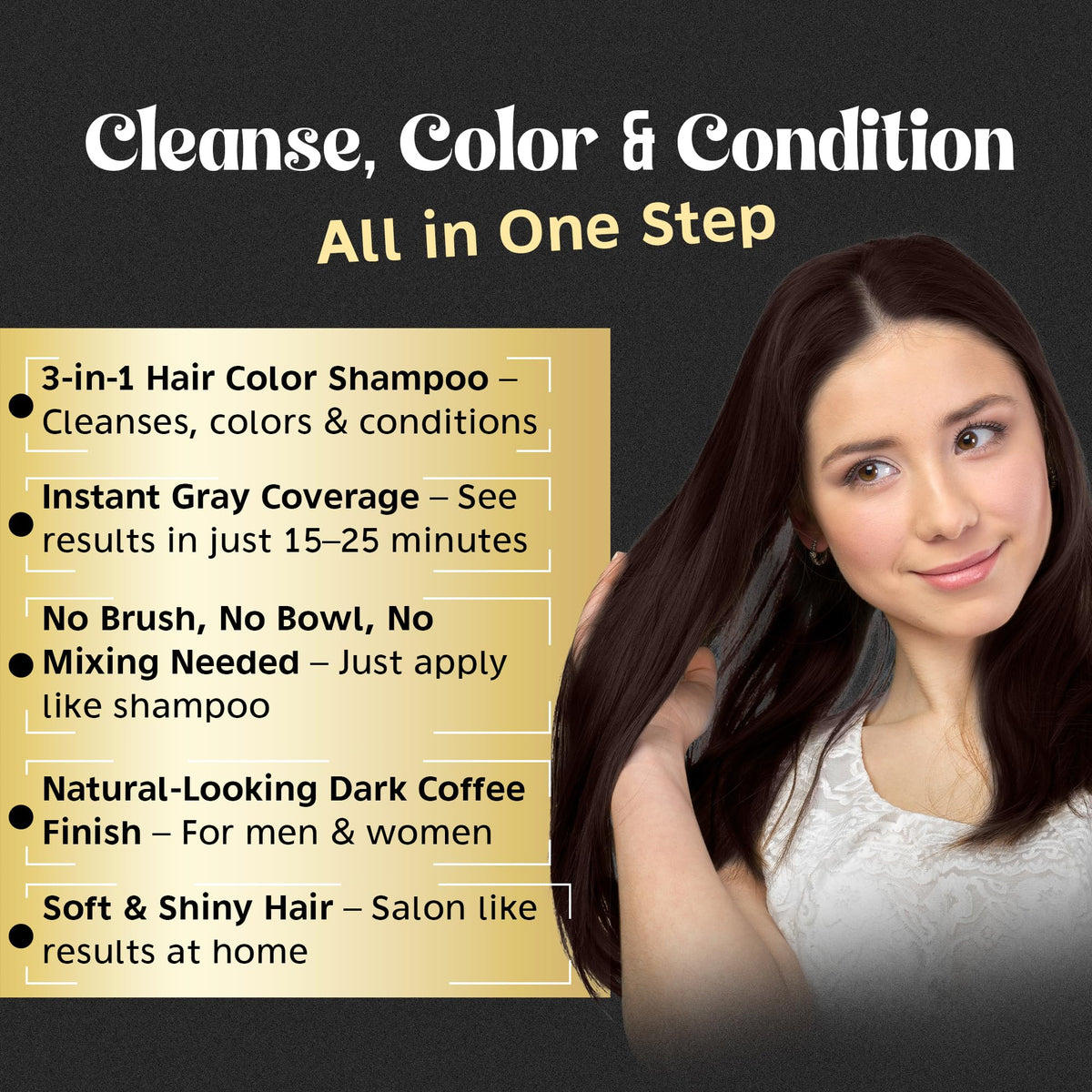 Herbishh Dark Coffee applied to wet hair showing simple at-home use benefit